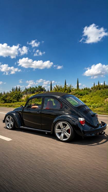 Volkswagen sedán negro en movimiento sobre carretera